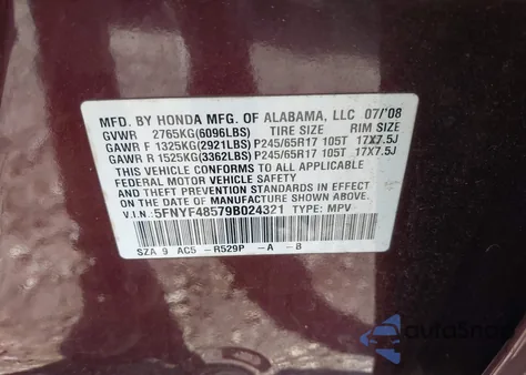 2009 Honda Pilot Ex-L from USA, damaged, VIN 5FNYF48579B024321